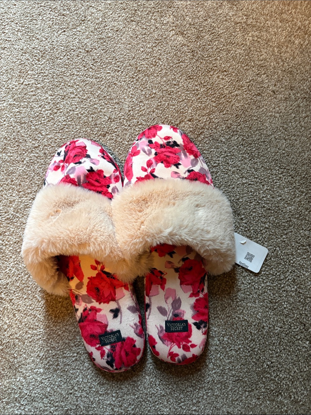 Victoria's Secret Floral Pink and Red Faux-Fur Slide Slippers